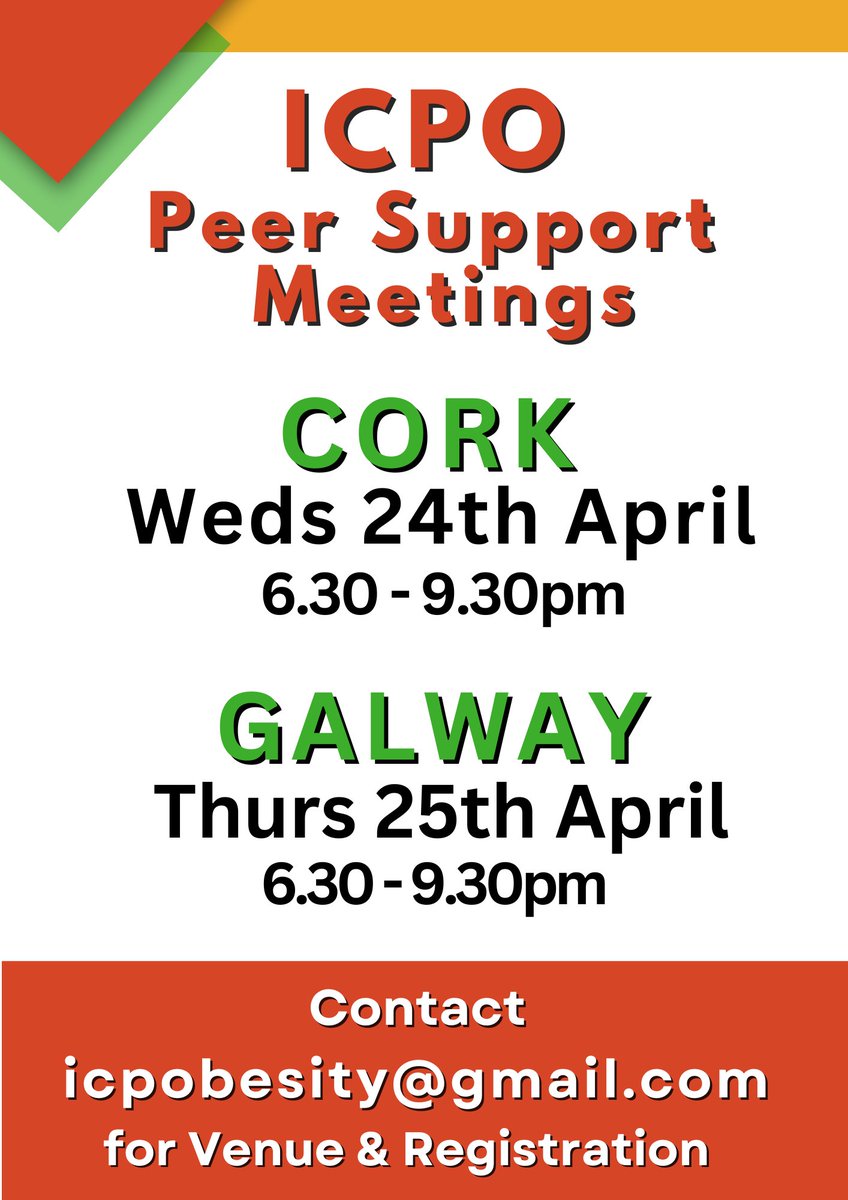 Our next ICPO led peer support meetings will be hosted in Cork City & Galway City. We want to reach out to those NOT already in our online support groups. If you know of someone living with obesity who might like to join us, please tell them to get in touch for further details.