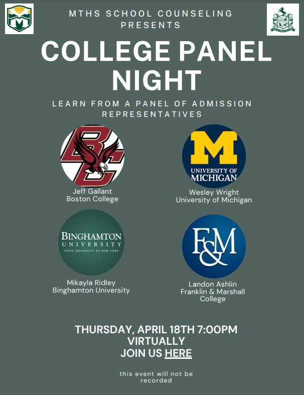 #MTHS PARENTS/GUARDIANS/STUDENTS! Learn About the College Admissions Process from a Panel of Admission Representatives. VIRTUAL! Tune in to Google Meet on Thurs, Apr 18 at 7PM. Learn more at: montville.net/page/community…
