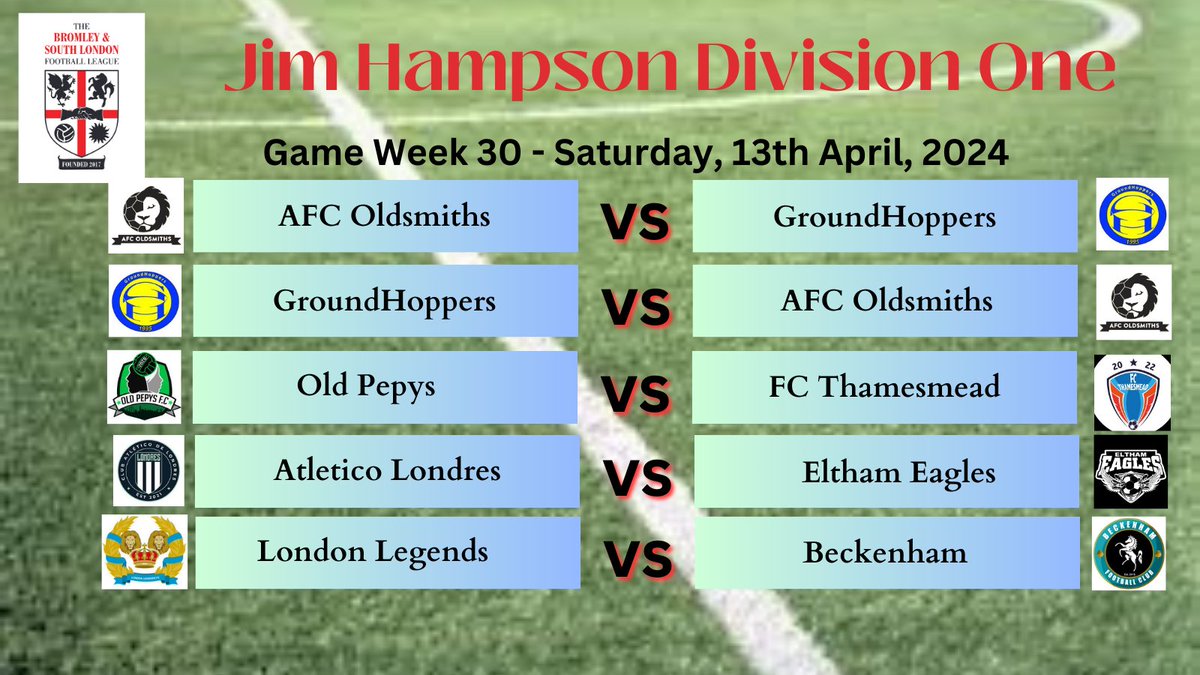 Fixtures tomorrow in the @BASLFL Jim Hampson Division One. A double-header between @AFCOldsmiths and @GroundhoppersS. Bottom of the table @OldPepysFC and @fcthamesmead face each other. At the top, @londresatletico, @elthameagles, @LondonLegendsFC and @BeckenhamFC are in action.