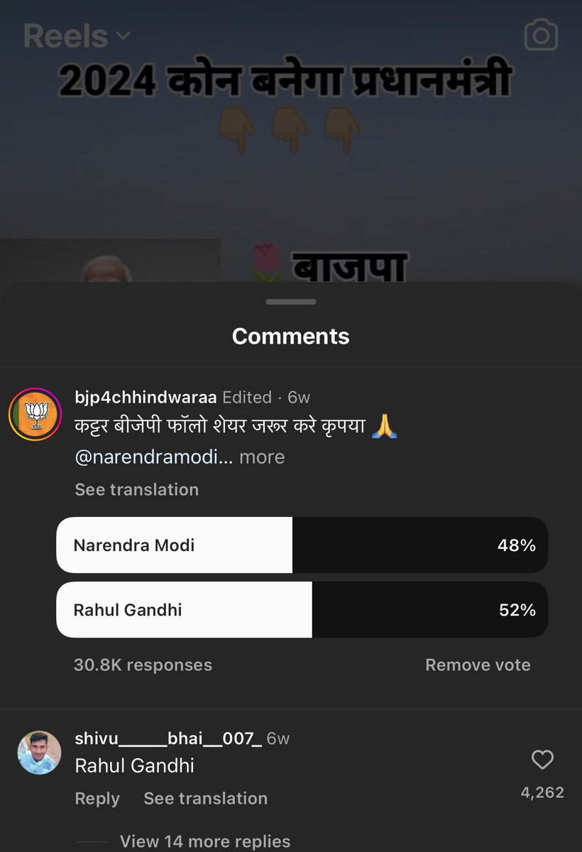 BJP's official Chindwara Instagram handle conducted a poll with 31,000 votes

Rahul Gandhi 52%
Narendra Modi 48% 

This is getting better for INC across social media, BJP is getting roasted on its turf 🔥