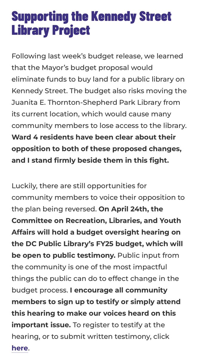 Join me and other Ward 4 residents in testifying at @dcpl’s FY25 budget oversight hearing at 9am on Wednesday, April 24 to speak against the elimination of funds for a new public library on Kennedy St. NW! You can register to testify here: lims.dccouncil.gov/Hearings/heari…