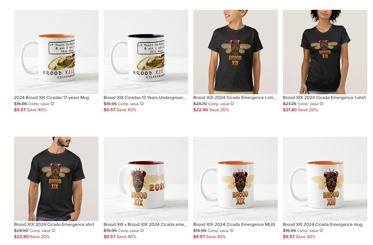 People have been asking for them, so I've created the 2024 Brood XIX and XIII Cicada Mania t-shirts and mugs zazzle.com/store/cicada_m… Zazzle frequently runs sales. At this moment the mugs are on sale. #cicadas