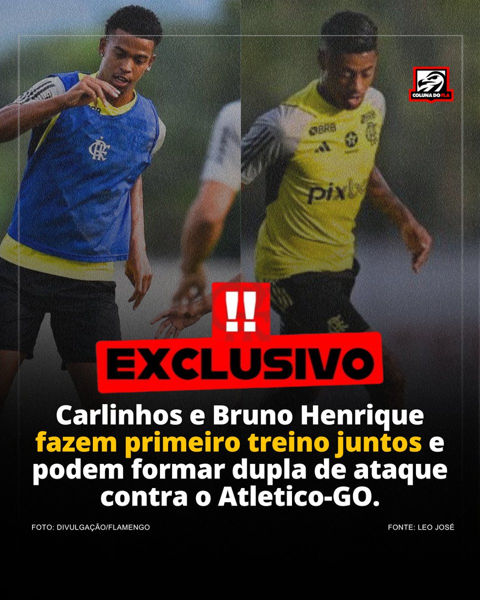 👥 NOVA DUPLA DE ATAQUE: Carlinhos e Bruno Henrique treinaram juntos pela primeira vez na última quinta-feira (11), no Flamengo. Eles podem atuar contra o Atlético-GO no Brasileirão. 🗞️ @leojosereporter