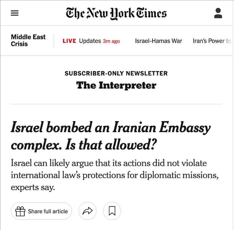 Imagine if Iran just bombed the Israeli Embassy in DC. Would ANYBODY be asking if it was legal? 🙃