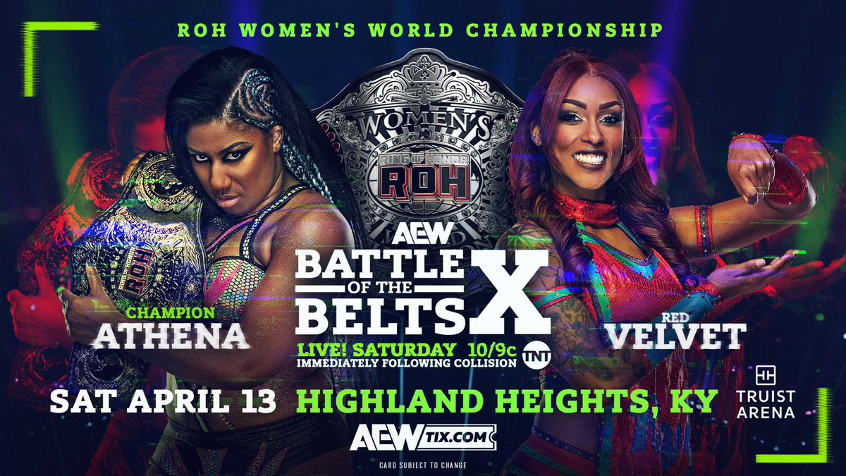 TonyKhan's tweet image. Saturday #AEWBOTB
Highland Heights, KY
TOMORROW on TNT

ROH Women&apos;s World Title
@AthenaPalmer_FG vs @Thee_Red_Velvet

After a huge #ROHSupercard win, Athena arrives in AEW at Battle of the Belts to defend the title vs Red Velvet, after her amazing run in the TV Title Tournament!