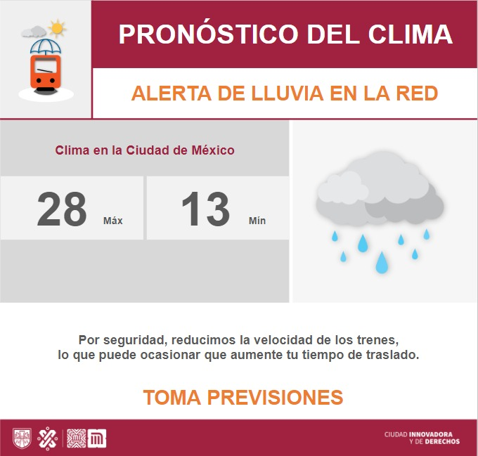 De acuerdo al pronóstico del clima en la ciudad, esta tarde-noche hay probabilidad de lluvia. ⛈️ Por seguridad se disminuye la velocidad de los trenes en la red. Toma previsiones 🚇