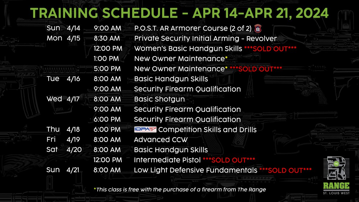 Class Schedule for the week of April 14-21

Spots still remain for Basic Handgun Skills and Basic Shotgun. Advanced CCW is great to select a holster and practice drawing from it

Sign-up at therangestl.com/training-calen…

#firearms #firearmstraining #pistols #stl #stlouis #stlouismo