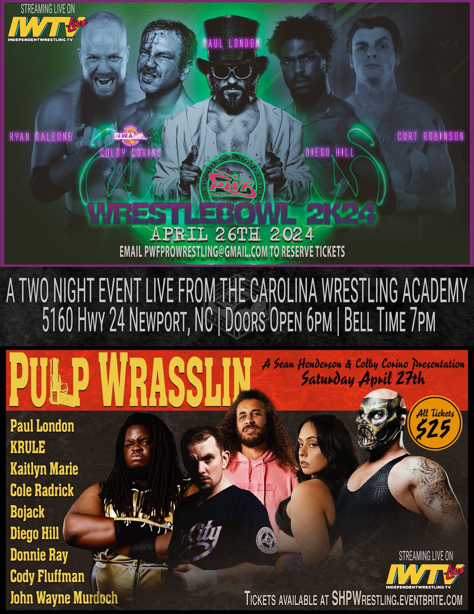 ‼️DOUBLE SHOT WEEKEND‼️ Later this month, PWF and SHP team up to produce back to back shows on April 26th and 27th! Both shows will happen at the Carolina Wrestling Academy in Newport, NC and be streamed LIVE on IWTV! Belltime for both nights is 7pm