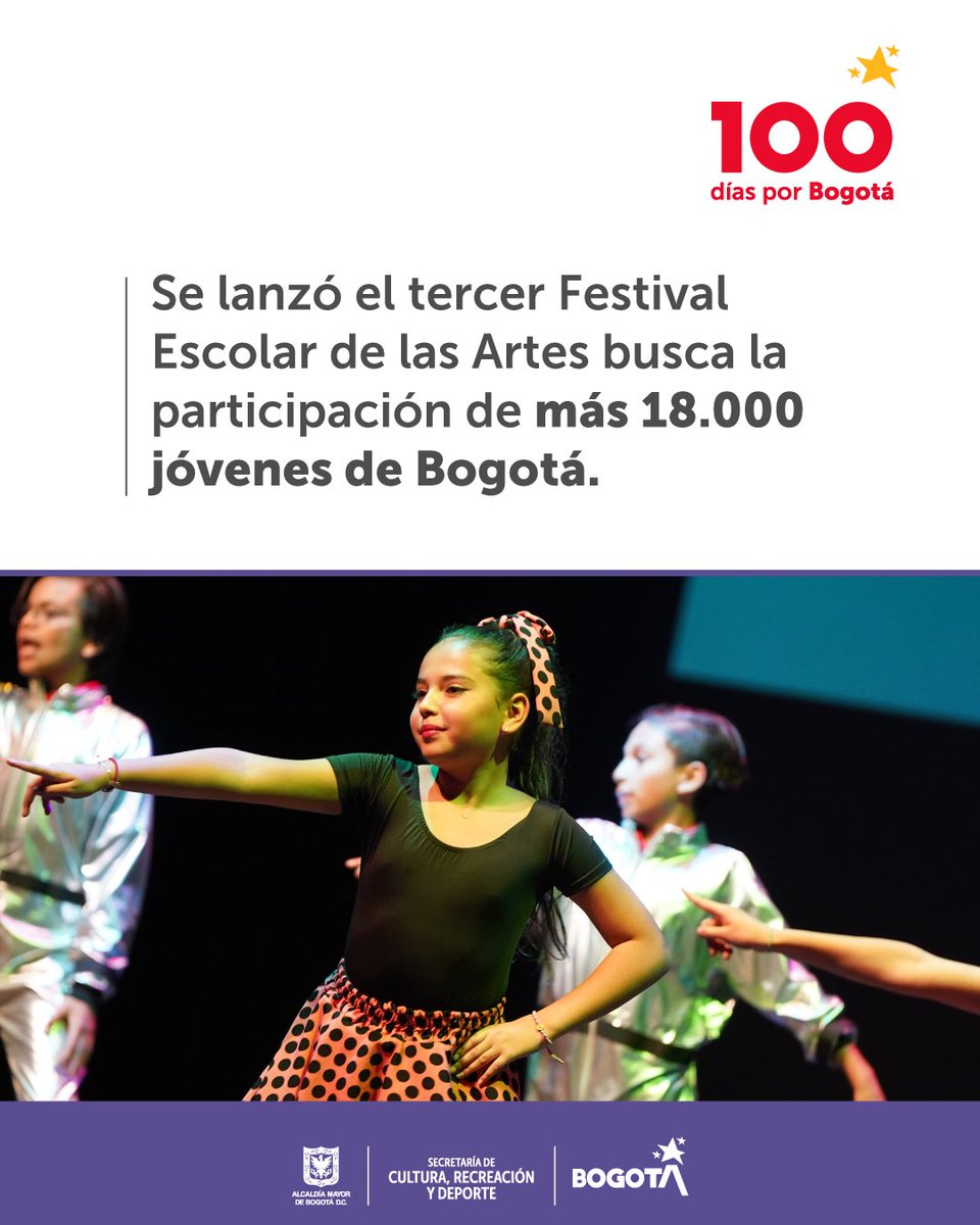 Los niños y las niñas no se quedaron por fuera en estos #100DíasPorBogotá 👧🏽👦🏻 Para el 2024 con el #FestivalEscolarDeLasArtes se espera la participación de más de 18.000 estudiantes de colegios oficiales y privados de la ciudad. Conoce más: bit.ly/3vPCHSr
