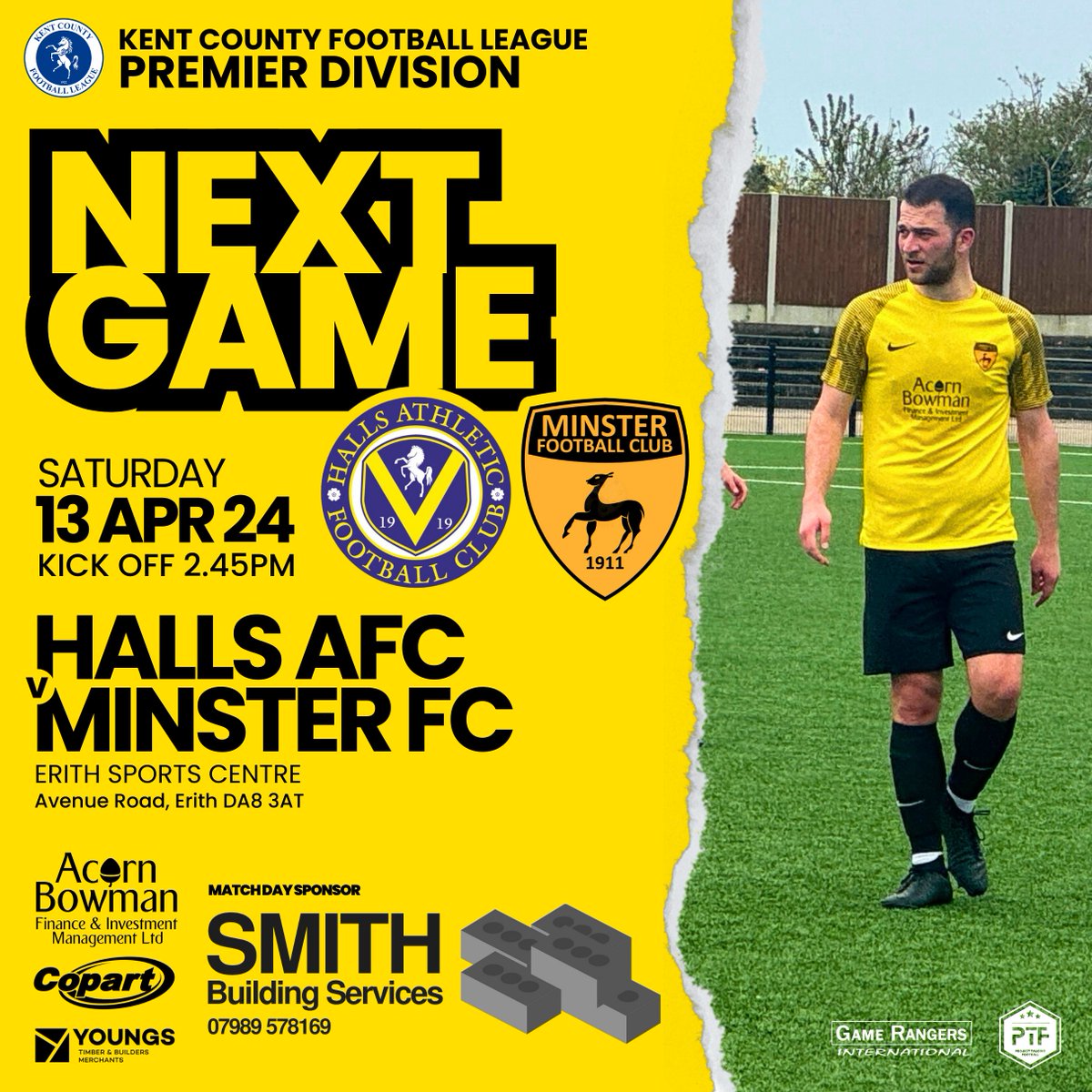 FIRST TEAM : NEXT GAME
🆚 @HAFCOfficial
🏆 @KCFL1516 Premier Division
📅 13 APR 24
⏰ 2.45pm Kick off
🏟️ Erith Sorts Centre
📍DA8 3AT

Good luck lads !!
#AcornBowmanFinance
@CopartUKLimited
#YoungsTBM

#iloveminster #grassrootsfootball #nonleaguefootball #mcmxi