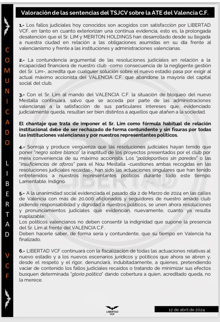 #ValenciaCF 🦇 Valoraciones de @LibertadVCF sobre la sentencia del @TSJCV sobre la caducidad de la ATE ⬇️⬇️⬇️