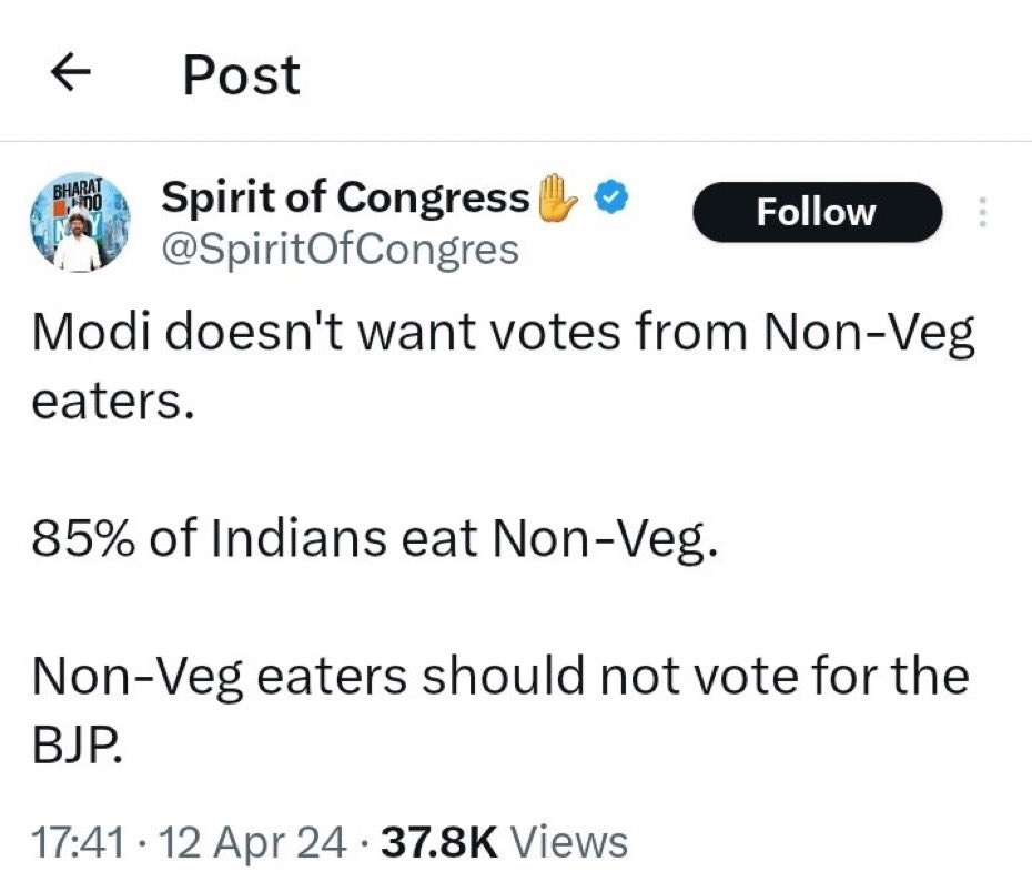 Lehen ke Baude @SpiritOfCongres my family my relatives and many of my friends and their family and their relatives and their family and their relatives…eat non-veg but all the chain will vote for BJP 😂😂 Your 85% is those of Chàmchàs, Chadarmod Benstokes 😂😂 Cross 40😂❤️de