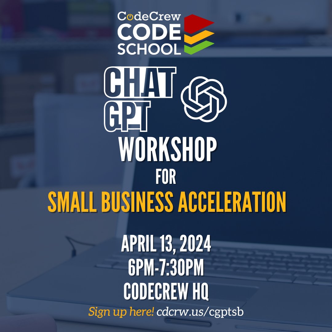 Ready to lead your business into the future? Dive into how AI, specifically ChatGPT, can redefine your operations, marketing, and customer relations. Secure your spot in the upcoming class here 📚🚀 cdcrw.us/cgptsb #CodeCrew #CodeSchool #tech #SmallBusiness