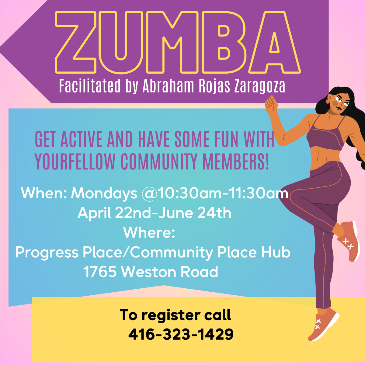 🎉Come and join our new program: Zumba 🗓️Start: Monday, April 22, 2024 ⏰10:30 am - 11:30 am 📍 Location: 1765 Weston Rd, York, M9N 3P7 Call for more information and registration: 416-323-4129 #CommunityPlaceHub #Zumba #free