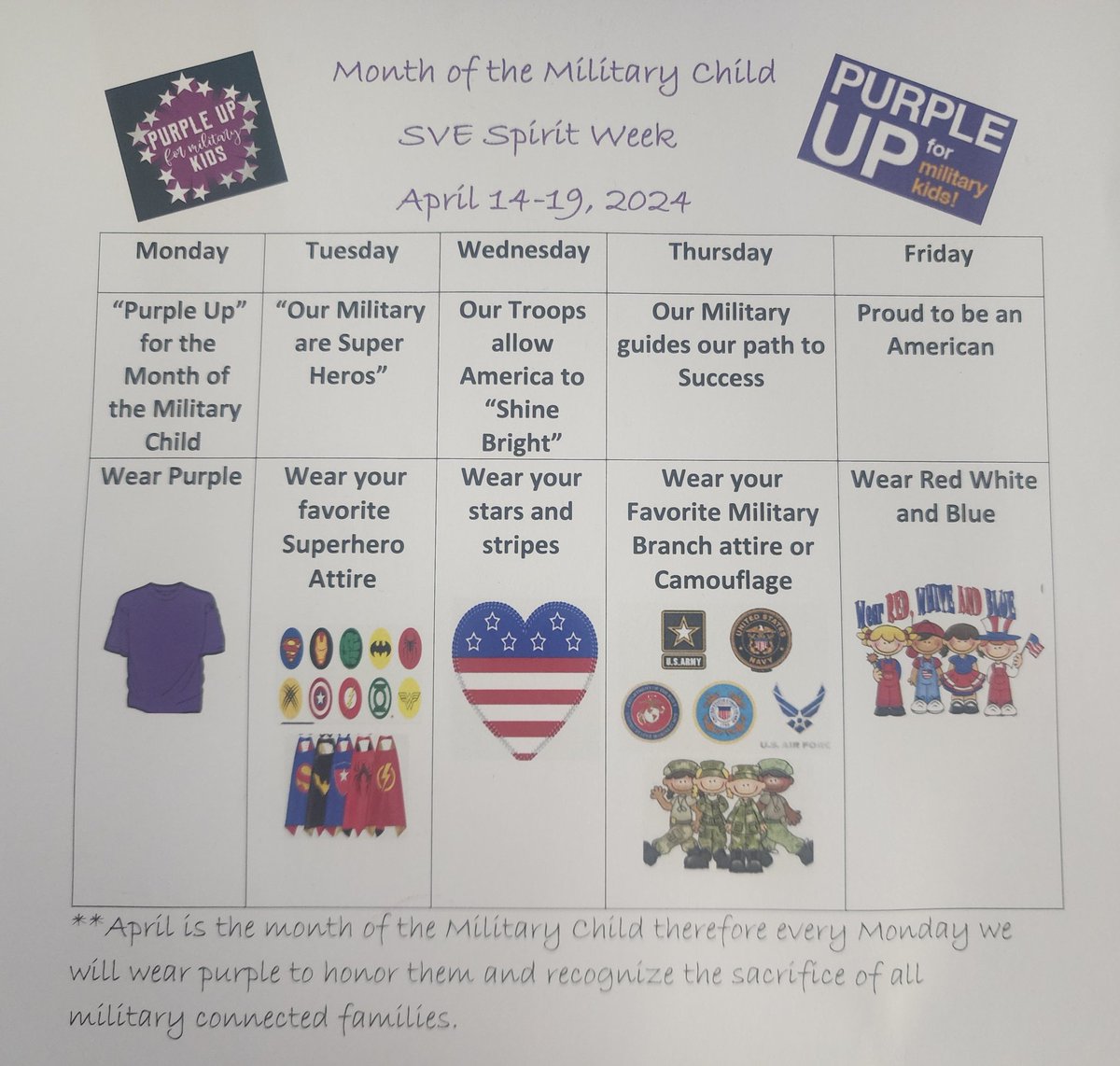 💜💜💜 Purple UP for the month of the Military Child. We are so grateful for the sacrifice our military connected families make day in and out to serve alongside their parents. Join us to celebrate them next week. #MCEC #PurpleUpWeek2024 #TeamSISD #TicketToSuccess