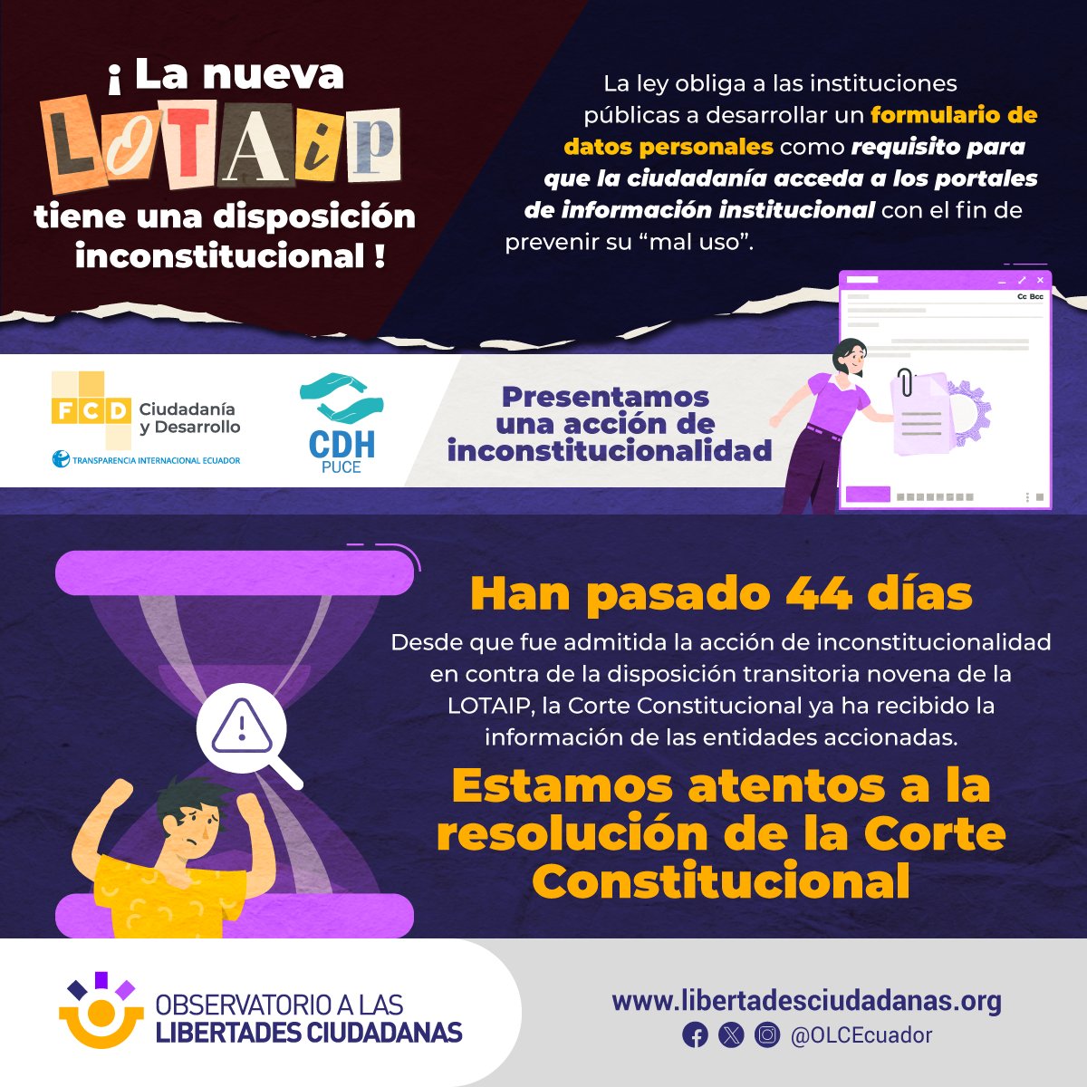 Ya son 44 días desde que se admitió nuestra acción de inconstitucionalidad en contra de la nueva Ley de Transparencia. 

Desde <a href="/FCD_Ecuador/">Ciudadanía y Desarrollo</a> y <a href="/CDHPUCE/">CDH PUCE</a> confiamos en que la <a href="/CorteConstEcu/">Corte Constitucional</a> dará pronta respuesta y así garantizar nuestro derecho al acceso a la información pública.