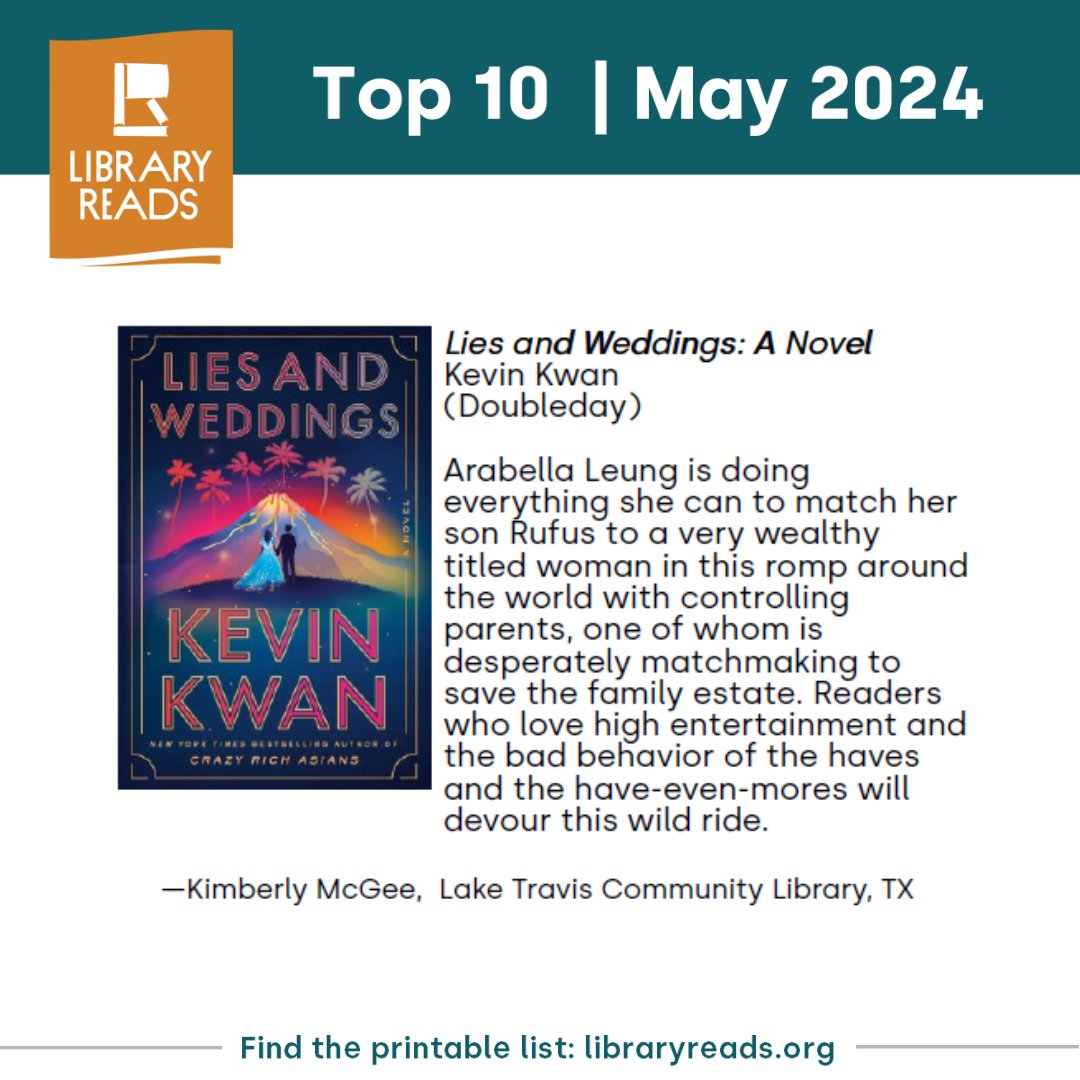 Next on the May 2024 LibraryReads list is LIES AND WEDDINGS by @kevinkwanbooks! @PRHLibrary