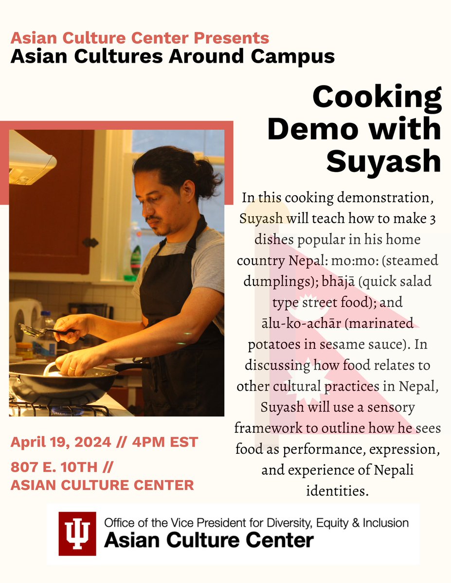 Join us next Friday, April 19th <a href="/4pm/">4pm</a> at the ACC for a cooking demo with Suyash! We will be learning how to make 3 Nepalese dishes! mo:mo (steamed 🥟 ), bhājā (salad🥗), and ālu-ko-achār (potatoes in sesame sauce🥔) Learn about traditional foods and cultural practices in Nepal!