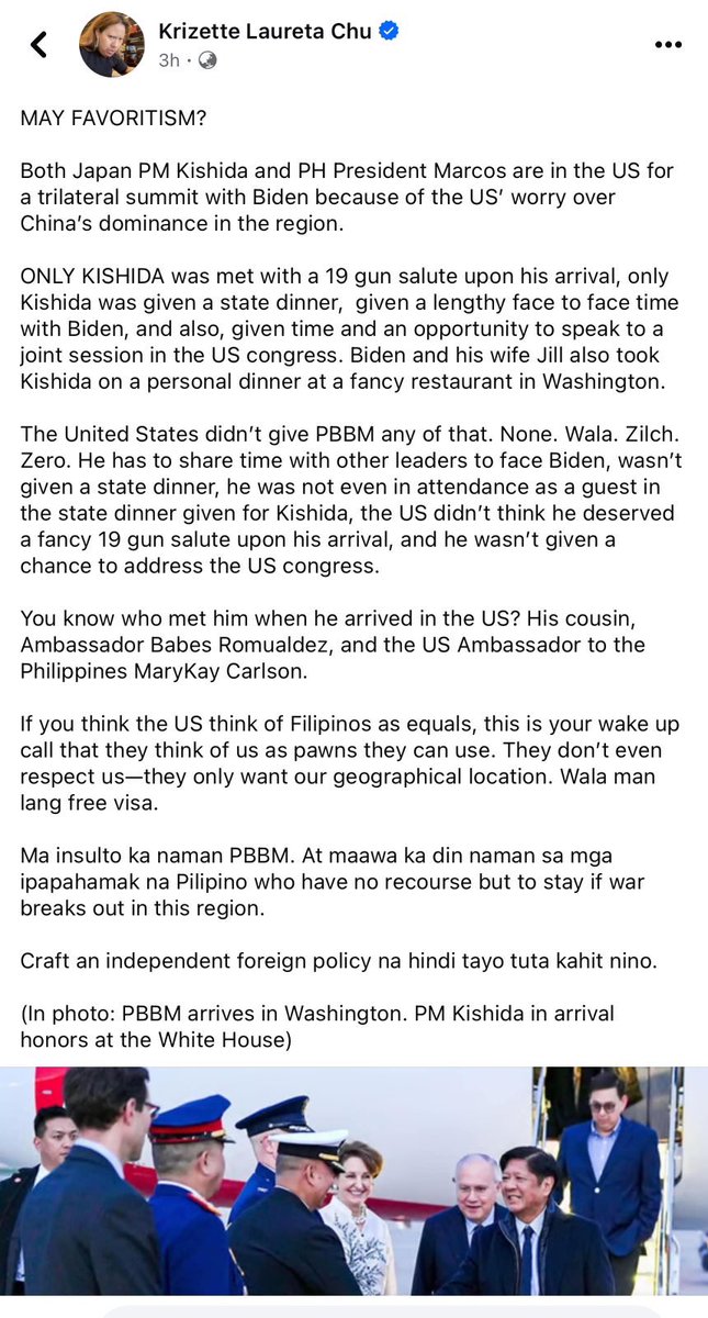 Because Kishida has no human rights case that will make his estate pay US$600 Million.Marcos does. In other words do as you're told otherwise you will lose your US$600 Million.Same with PRRD  they have nothing to blackmail him with.Thus US had no hold over him-truly independent.