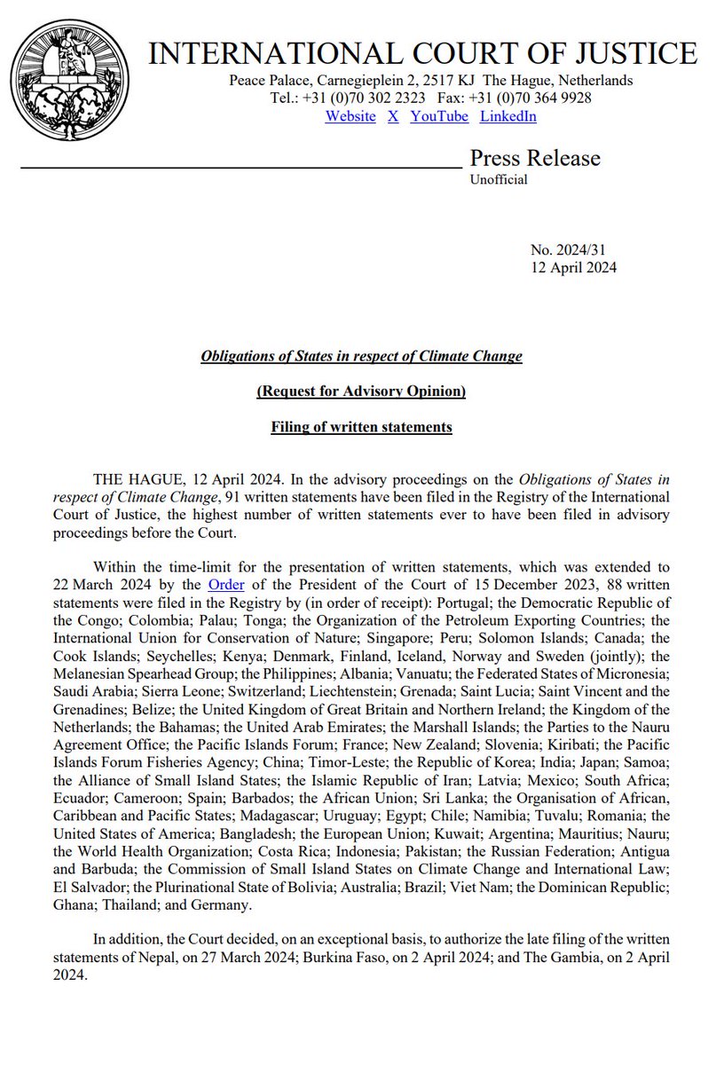 🚨ICJ confirms 91 written submissions made on the #ClimateICJAO. The largest ever recorded for an advisory proceedings. These states and IGOs now have until June 24th to submit comments on the written submissions.