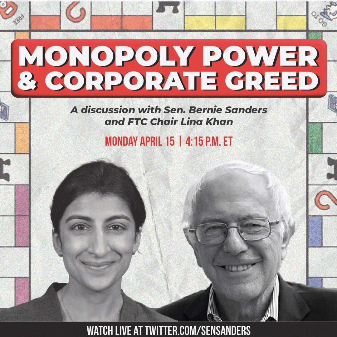 Today, we are seeing a level of corporate concentration not seen since the Gilded Age. Join me Monday at 4:15pm ET for a livestream discussion about taking on monopolies with Federal Trade Commission Chair Lina Khan. To submit a question in advance, please reply to this tweet.