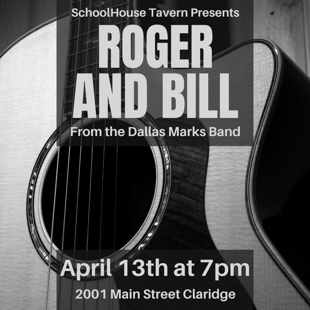 Join us tomorrow, Saturday, April 13th at 7pm as we welcome Roger and Bill from Dallas Marks Band back to SchoolHouse Tavern for a night of live music and fun!
#claridge #penntrafford #penntownship #harrisoncity #levelgreen #irwin #murrysville #monroeville #pittsburgh #greensburg