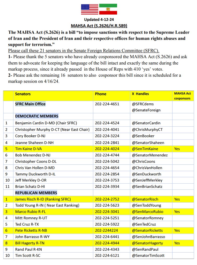 This makes me so happy! An updated list of the SFRC @SenateForeign @SFRCdems members that have cosponsored the #MAHSAAct (S.2626) highlighted in yellow. Thank you @SenTimKaine (D-VA) @SenatorRisch (R-ID) @SenatorRicketts (R-NB) and @SenatorHagerty (R-TN) and @SenMarcoRubio (R-FL)…