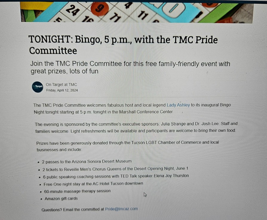 Tucson Medical Center has a Pride Committee and they are having a drag queen host a 'family friendly' bingo night. What is the obsession with drag queens? How can you, as a patient, trust TMC's judgement?