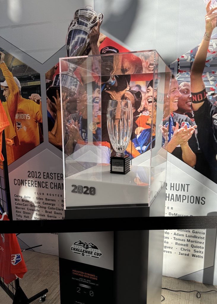2020 NWSL Challenge Cup on display along with other Dash memorabilia by Section 104. #HoustonDash