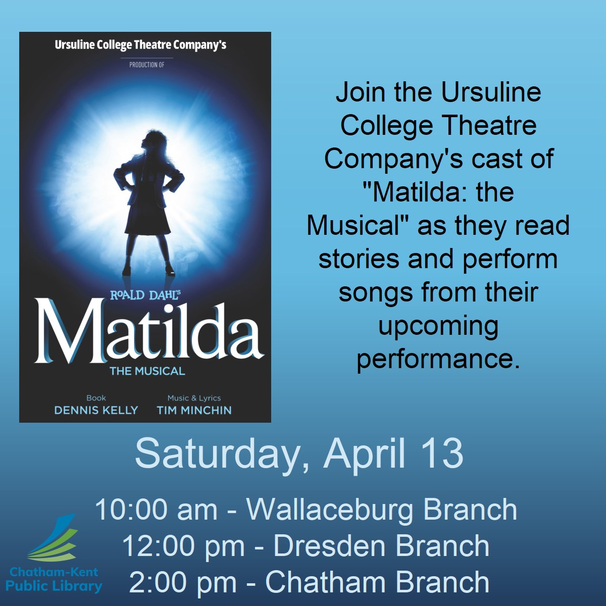 Matilda the Musical presented by Ursuline College Theatre Company is going on a library tour. Join them for songs and stories presented by Matilda and Miss Honey.
April 13th at:
Wallaceburg Branch at 10am
Dresden Branch at 12pm
Chatham Branch at 2pm
#YourTVCK #CKont #TrulyLocal