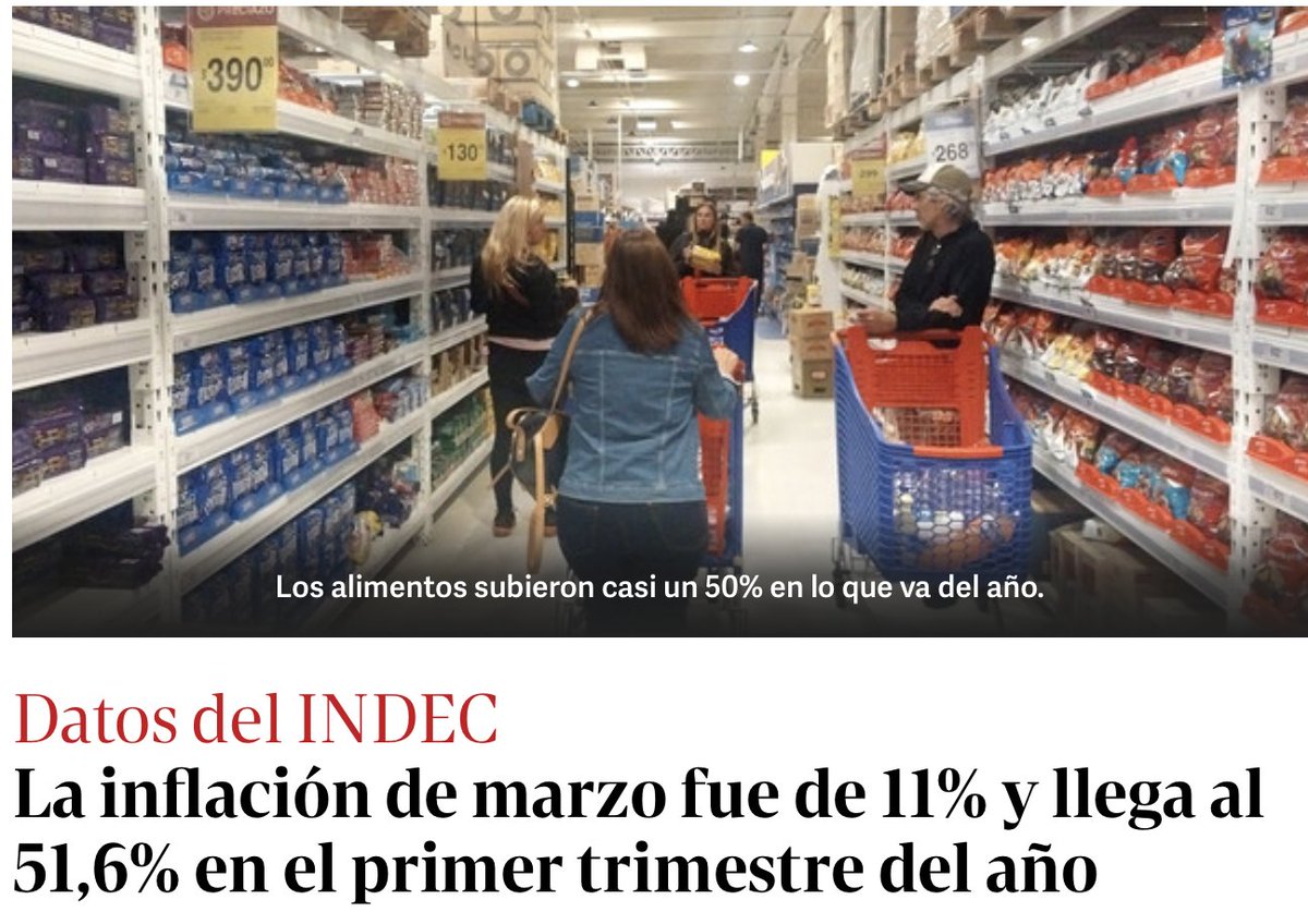 Inflação de 11% em março e 55,6% no primeiro trimestre do ano. Tá uma maravilha. VIVA LA LIBERTAD CARAJO