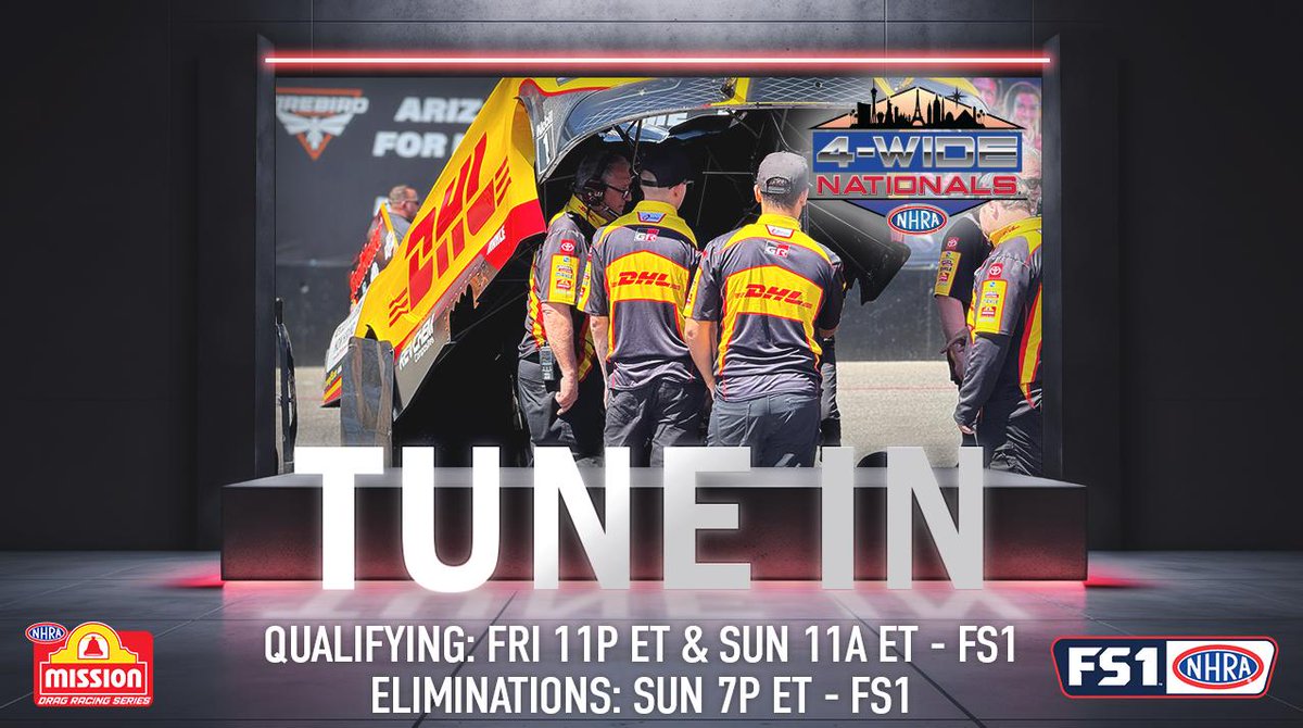 Get ready for another action-packed weekend at the #Vegas4WideNats! Help us cheer on @JRTodd373 and @TeamKalitta 👏 Qualifying: Friday 11p-12:30a ET on FS1 Sunday 11a-12p ET on FS1 Eliminations: Sunday 7-10p ET on FS1 #SpeedForAll #NHRAonFOX #DHLTeamKalitta