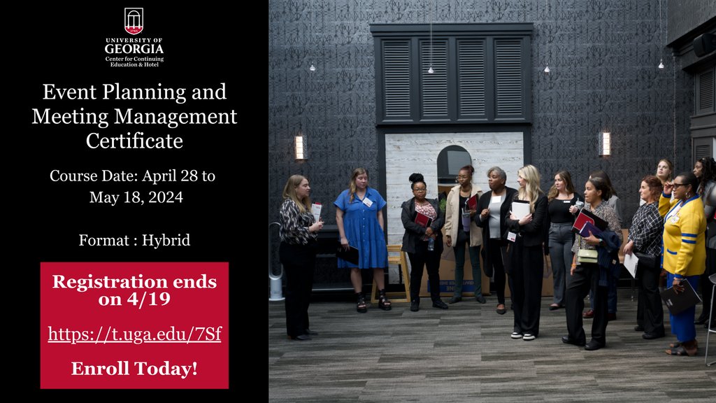 Elevate your event game! Learn Event Sourcing, Site Visits, & more with the UGA Certificate. Time's ticking – only 7 days left to register. Jumpstart your event planning career today! t.uga.edu/7Sf #EventPlanning #UGACertificate #GACenter