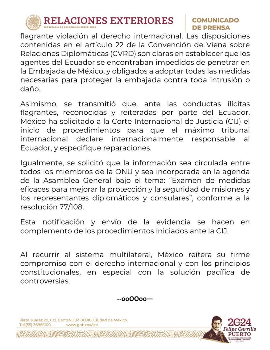 ‼️#URGENTE México denuncia ante el secretario general de la ONU las violaciones a la embajada mexicana cometidas por el Ecuador.