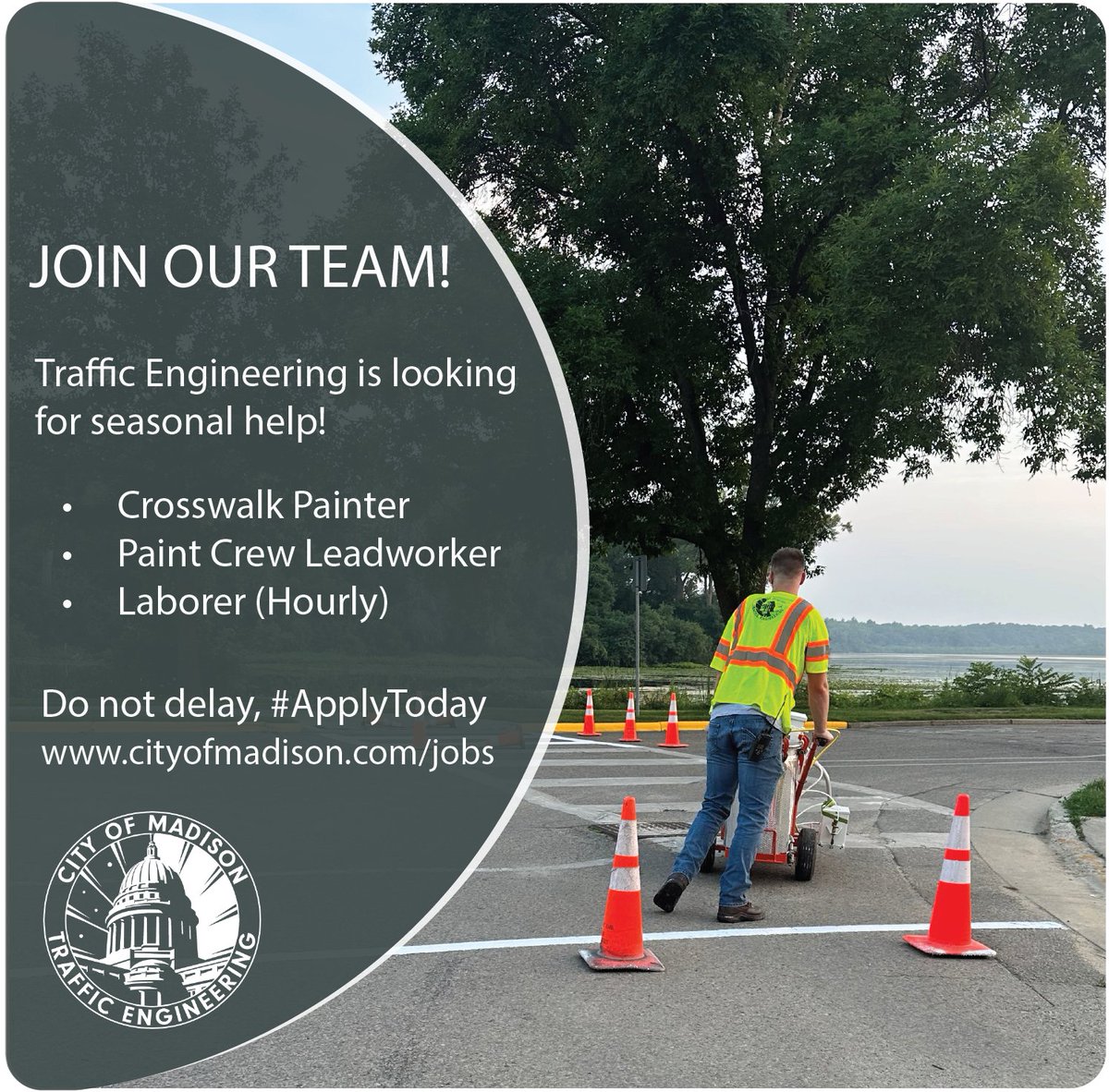 Summer is approaching fast!

If you are looking for a seasonal position that offers great pay and a team environment  -- do not delay, #ApplyToday to be part of Traffic Engineering!

#NowHiring #GetHired #OpenPosition #SummerSeasonal #SummerJob