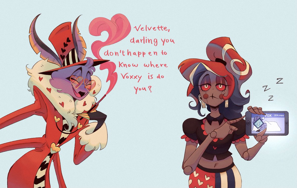 Autistic Vox hc where if he gets too overwhelmed by physical touch or uncomfortable sensations he just retreats into Velvette or Val’s phones almost like a tamagotchi. Val thinks it’s cute and Velvette finds it insufferable 
#hazbinhotel #HazbinHotelFanart