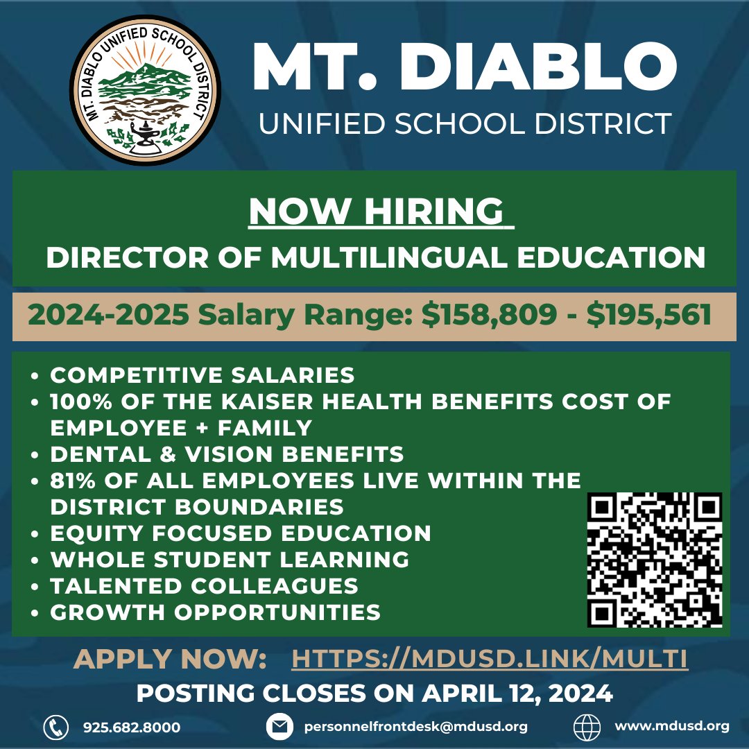 @MtDiabloUSD seeks an exceptional leader to be the next Director of Multilingual Education for the 2024-2025 school year. If you are looking to support all multilingual students and staff, please apply: mdusd.link/multi #Bilingual @CABEBEBILINGUAL @ACSARegion6 @ACSA_info