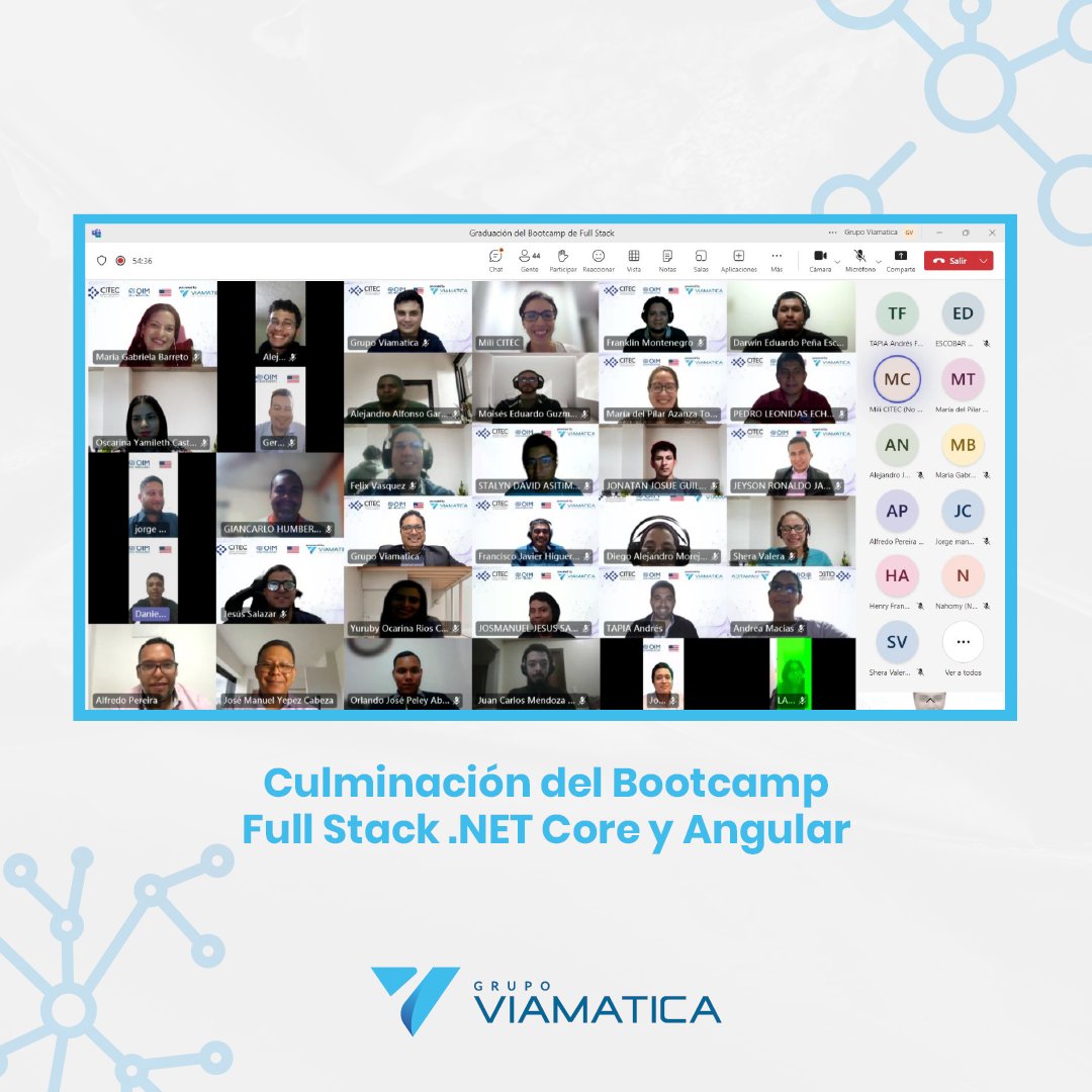 Culminación del Bootcamp Full Stack de .NET Core y Angular, organizado por Grupo Viamatica, @CITECec y @OIMEcuador Felicitaciones a los 33 participantes que lograron obtener su certificado “La disciplina, tarde o temprano, vencerá a la inteligencia” -Yokoi Kenji-