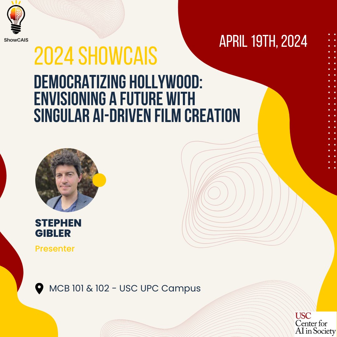 Learn more about a future with singular AI-driven film creation at Stephen Gibler's presentation at ShowCAIS on April 19th! More info: sites.google.com/usc.edu/showca… @USCViterbi @uscsocialwork