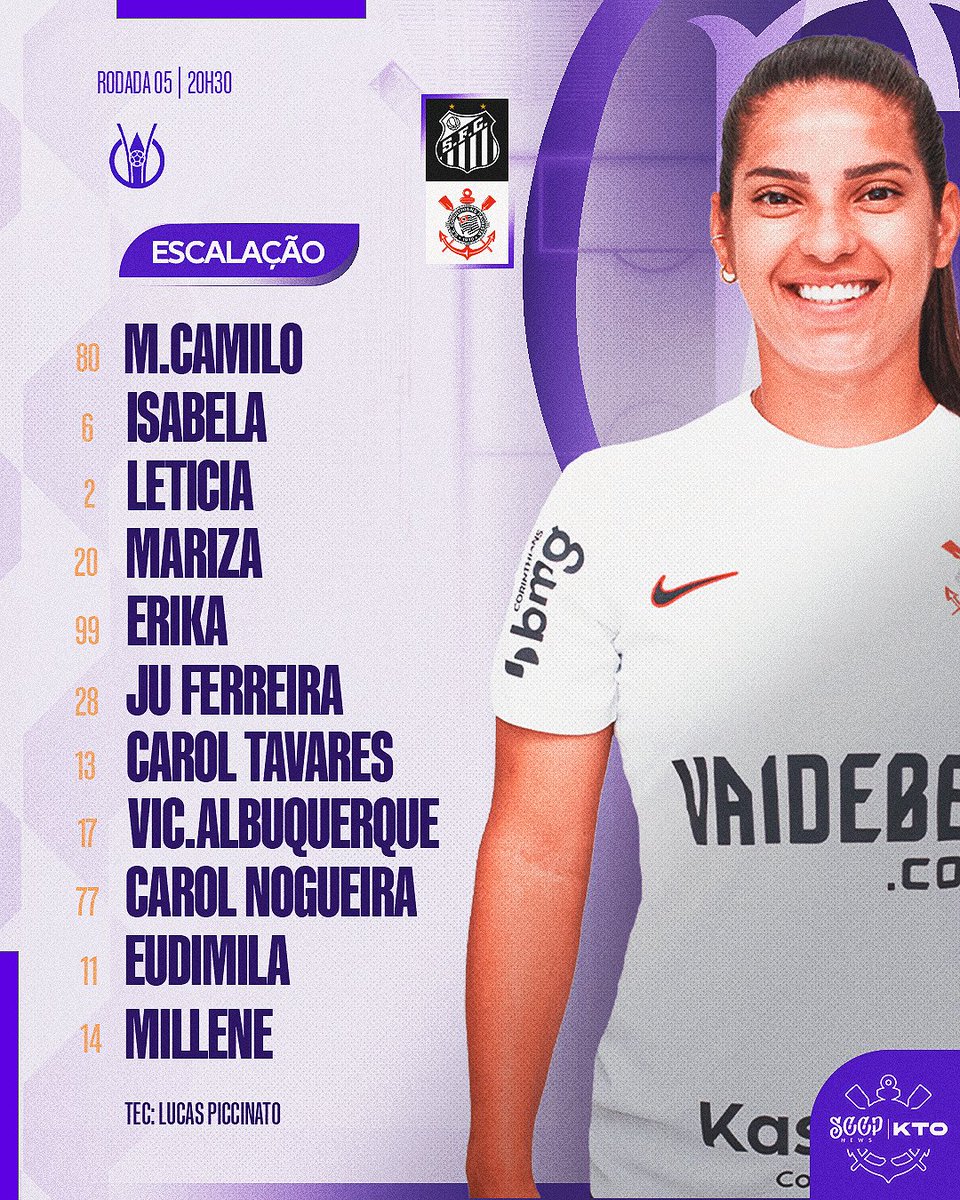 🟣⚪️ | As Brabas do Corinthians estão escaladas para o Clássico Alvinegro contra o Santos, às 20h30, pela 5ª rodada do Brasileirão Feminino! Time com muitos desfalques e diferente para a partida, que será transmitida pelo Sportv.