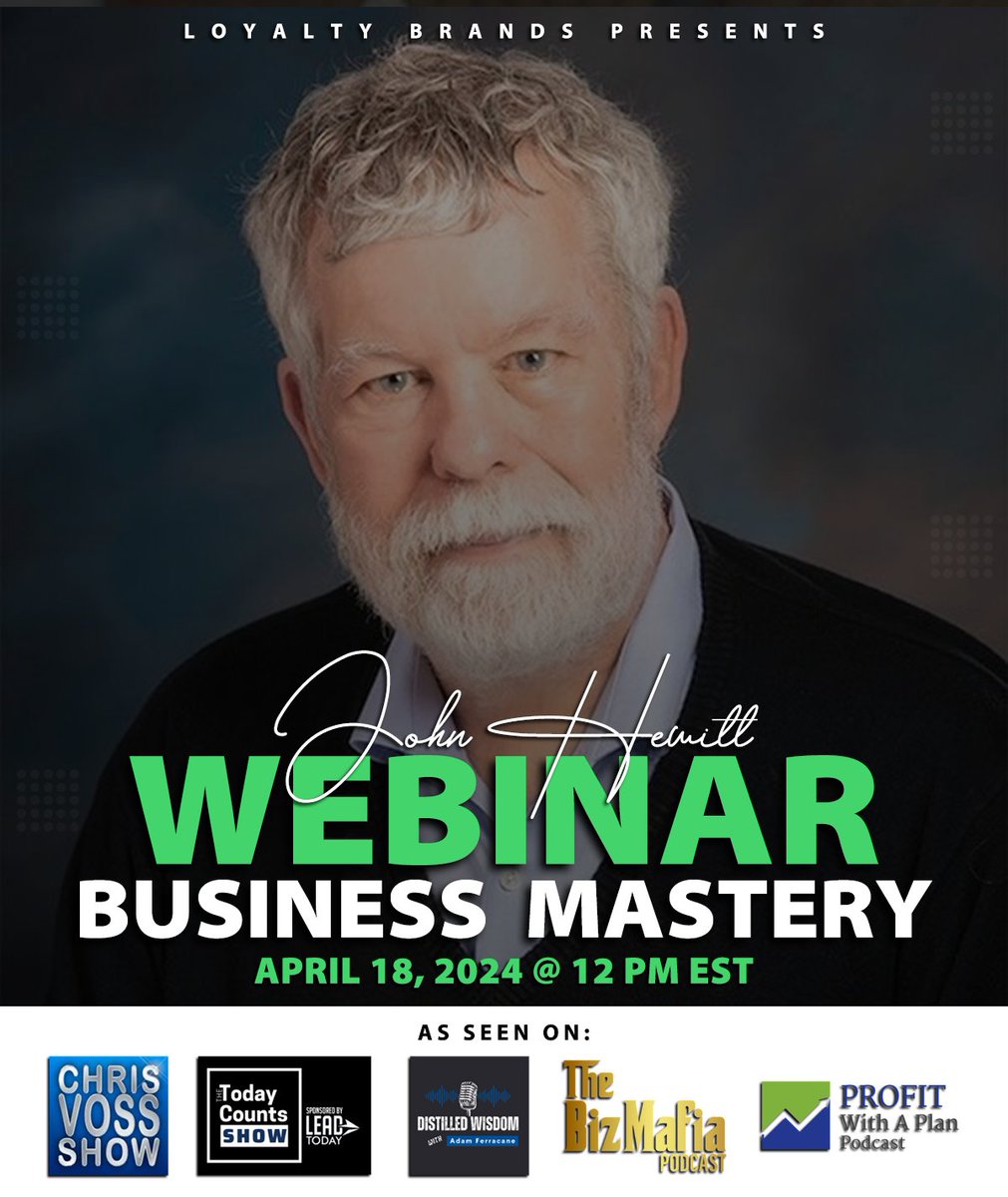 🚀 Ready to unlock the secrets to business mastery? Join us for an exclusive webinar: 'Business Mastery with John Hewitt' on April 18, 2024, at 12 PM EST! us02web.zoom.us/webinar/regist… #BusinessMastery