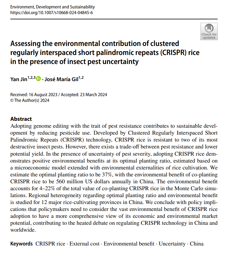 Happy to share our new paper co-authored by Jose Maria Gil from @CREDA_UPC_IRTA @la_UPC. Based on a microeconomic model extended with environmental externalities, we estimated the optimal planting ratio of CRISPR rice and assessed its environmental benefit.