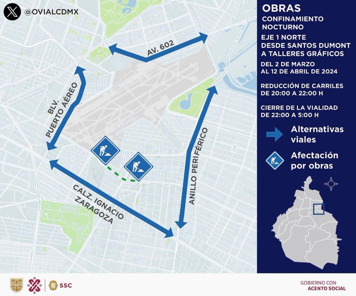 #PrecauciónVial | Considera reducción de carriles sobre Eje 1 Norte entre Santos Dumont y 1ra. cerrada Talleres Gráficos de lunes a sábado de 20:00 a 22:00 horas y cierre total desde el sábado a partir de las 22:00 y hasta el lunes a las 05:00 horas por obras de renivelación de…