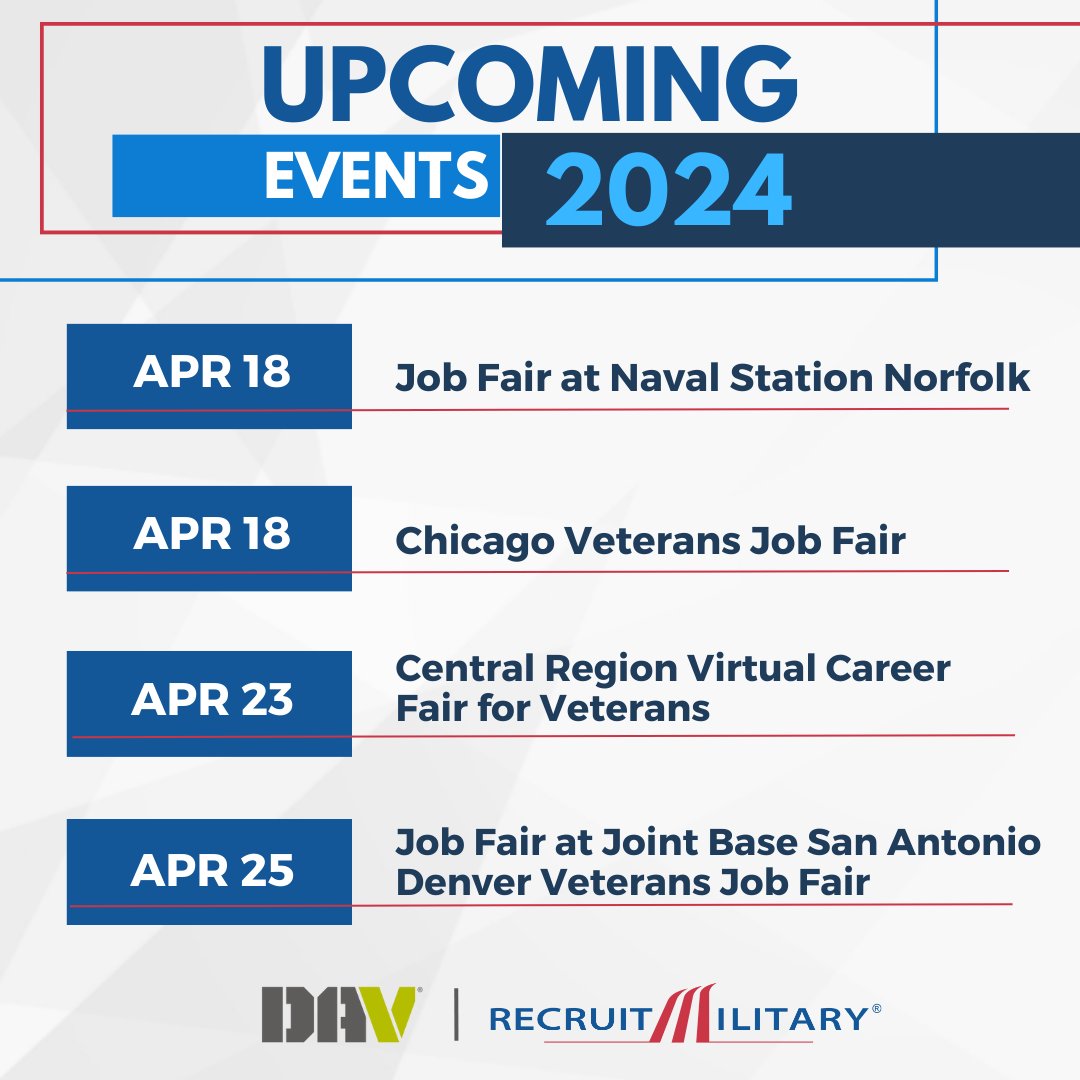 Network with companies interested in YOU. Attend one of the upcoming @DAVHQ | @RecruitMilitary events to start the conversation. Register here: rmvets.com/2SHmQkY.