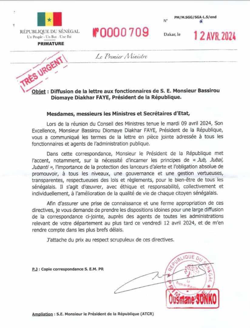 Le PREMIER MINISTRE Ousmane Sonko demande une large diffusion de la lettre du Président de la République auprès des agents de l’administration publique !