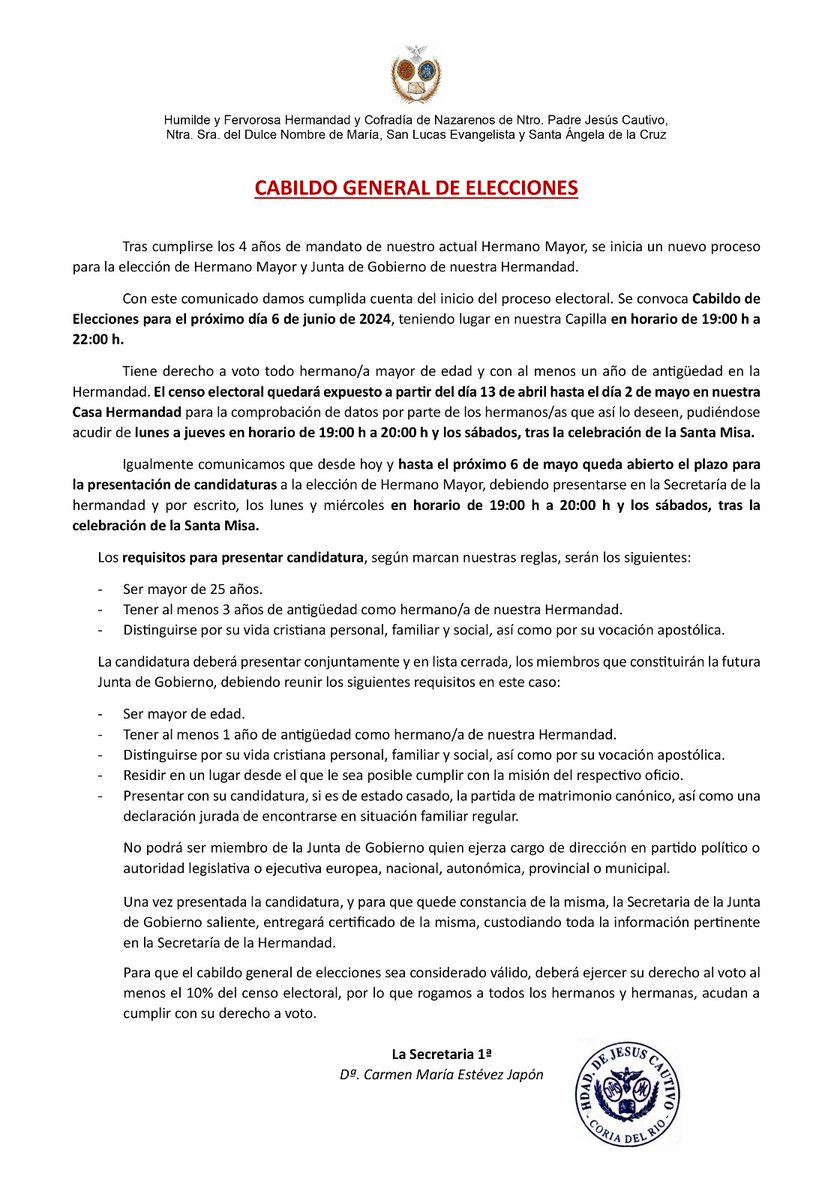 𝐂𝐀𝐁𝐈𝐋𝐃𝐎 𝐆𝐄𝐍𝐄𝐑𝐀𝐋 𝐃𝐄 𝐄𝐋𝐄𝐂𝐂𝐈𝐎𝐍𝐄𝐒 𝐀 𝐇𝐄𝐑𝐌𝐀𝐍𝐎 𝐌𝐀𝐘𝐎𝐑 𝐘 𝐉𝐔𝐍𝐓𝐀 𝐃𝐄 𝐆𝐎𝐁𝐈𝐄𝐑𝐍𝐎 𝐄𝐍 𝐍𝐔𝐄𝐒𝐓𝐑𝐀 𝐇𝐄𝐑𝐌𝐀𝐍𝐃𝐀𝐃

A continuación os dejamos toda la información sobre el proceso electoral.
