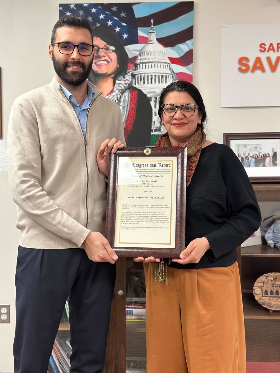 I presented Palestinian journalist Motaz Azaiza with a Congressional Record for his coverage of the Palestinian people and his commitment to telling their stories. Thank you @AzaizaMotaz9 for your fearless journalism. We pray for your healing and the end of the genocide in Gaza.