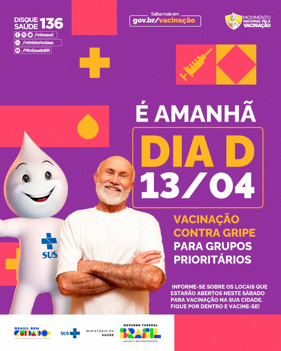 Amanhã é o Dia D de vacinação contra a gripe para os grupos prioritários! 💉
Informe-se sobre os locais que estarão abertos neste sábado para vacinação na sua cidade! Fique por dentro e vacine-se.

Os grupos prioritários são
🔹 Crianças de 6 meses a menores de 6 anos,
🔸