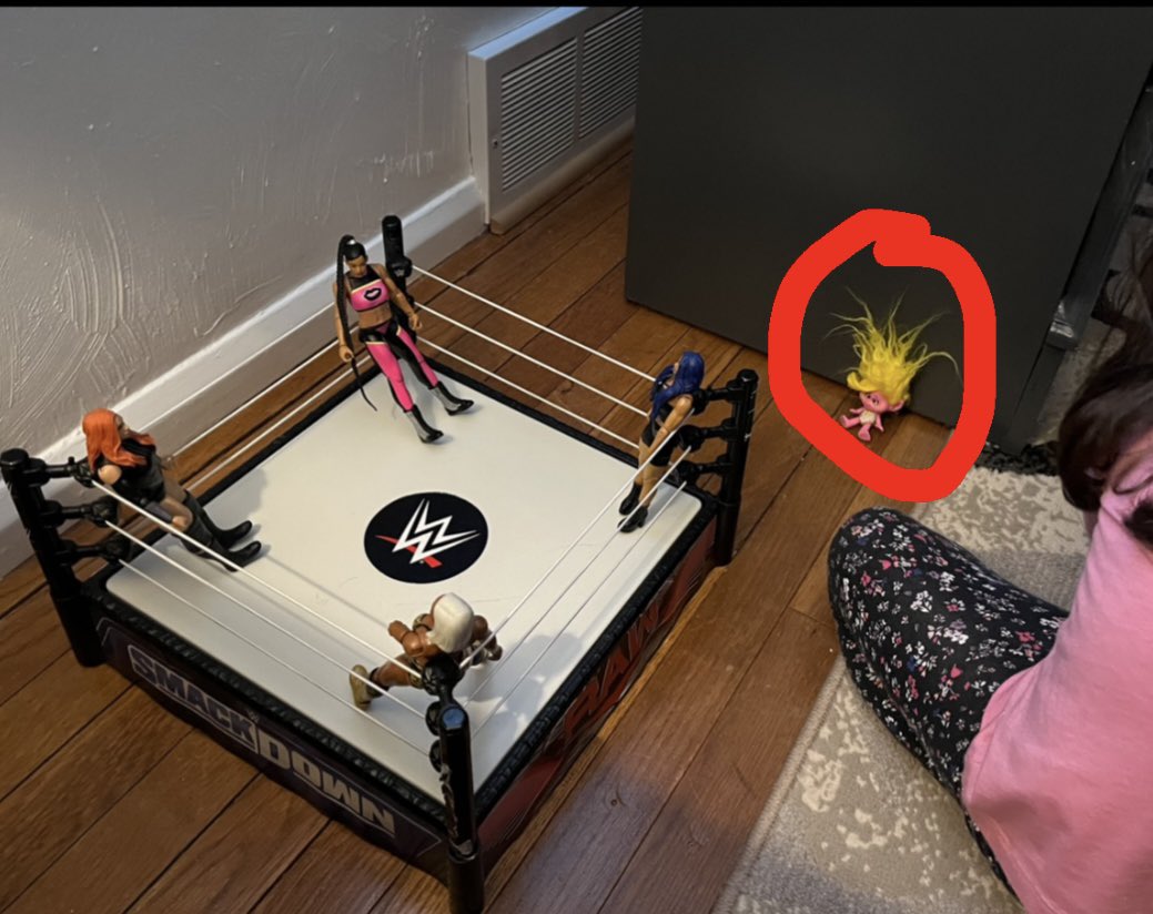 Hey @Mattel / @wwe we need a @SamanthaTheBomb figure ASAP. My daughter is setting up a match and said “dada I need a Samantha for this to be better” 👀 she’s instead using a Troll doll 😂