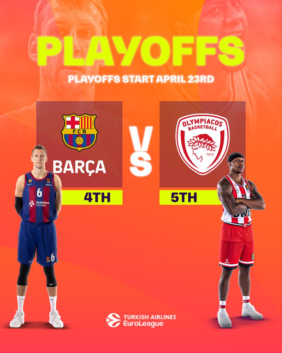 Playoff Matchups: 𝗪𝗘 𝗔𝗥𝗘 𝗦𝗘𝗧🍿 @FCBbasket vs @Olympiacos_BC in the playoffs!